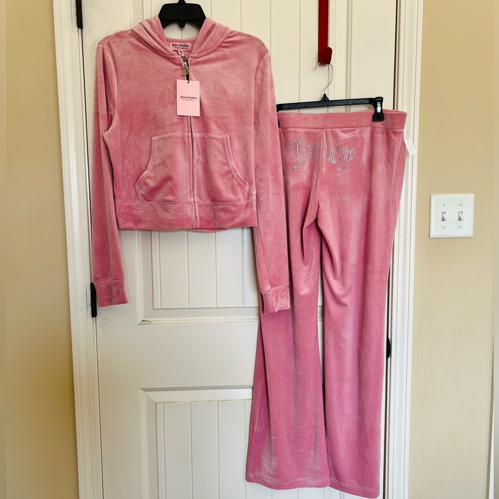 JUICY COUTURE Velour Bling Tracksuit size L XL Hoodie & Pant Rose Pink NWT